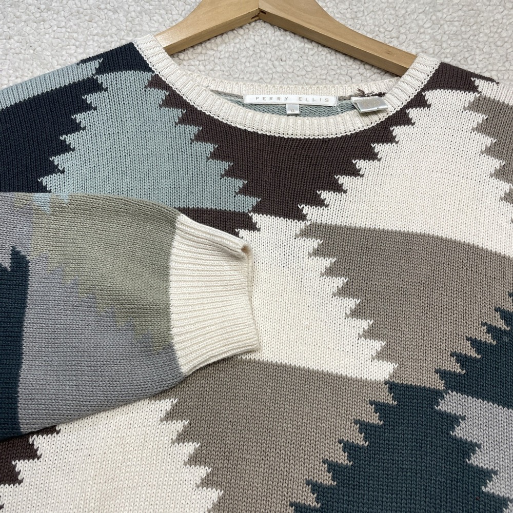 Perry Ellis Sweater Mens XL Multi Geometric Sawtooth Crewneck Knit Pullover